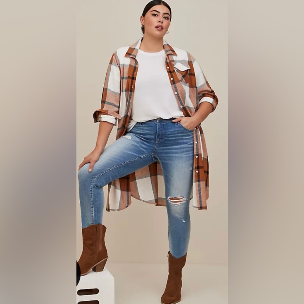 Torrid Cotton Long Line Shacket-Plaid—Size 1